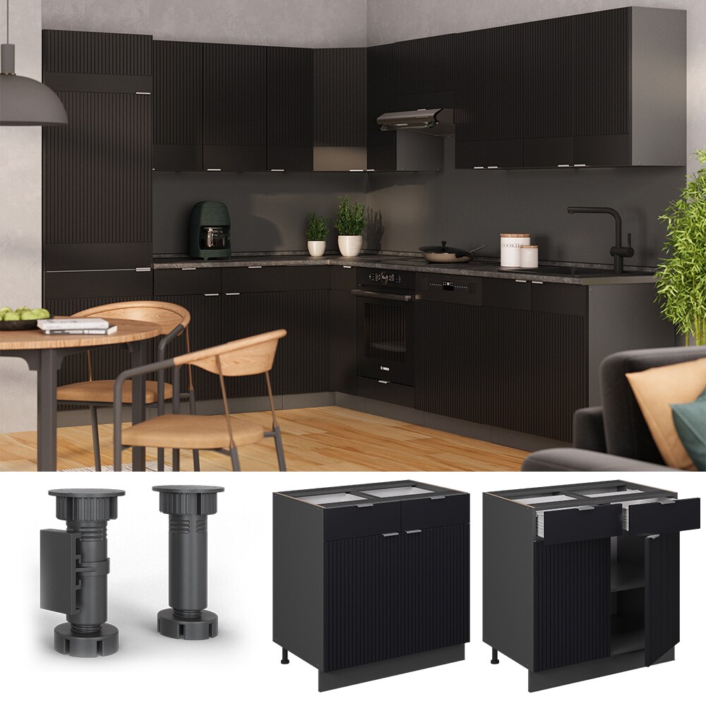 Vicco Schubunterschrank Fame-Line Anthrazit Schwarz gestreift 80 cm mit Arbeitsplatte Anthrazit