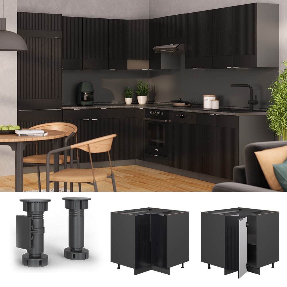 Vicco Eckunterschrank Fame-Line Anthrazit Schwarz gestreift 87 cm mit Arbeitsplatte Eiche