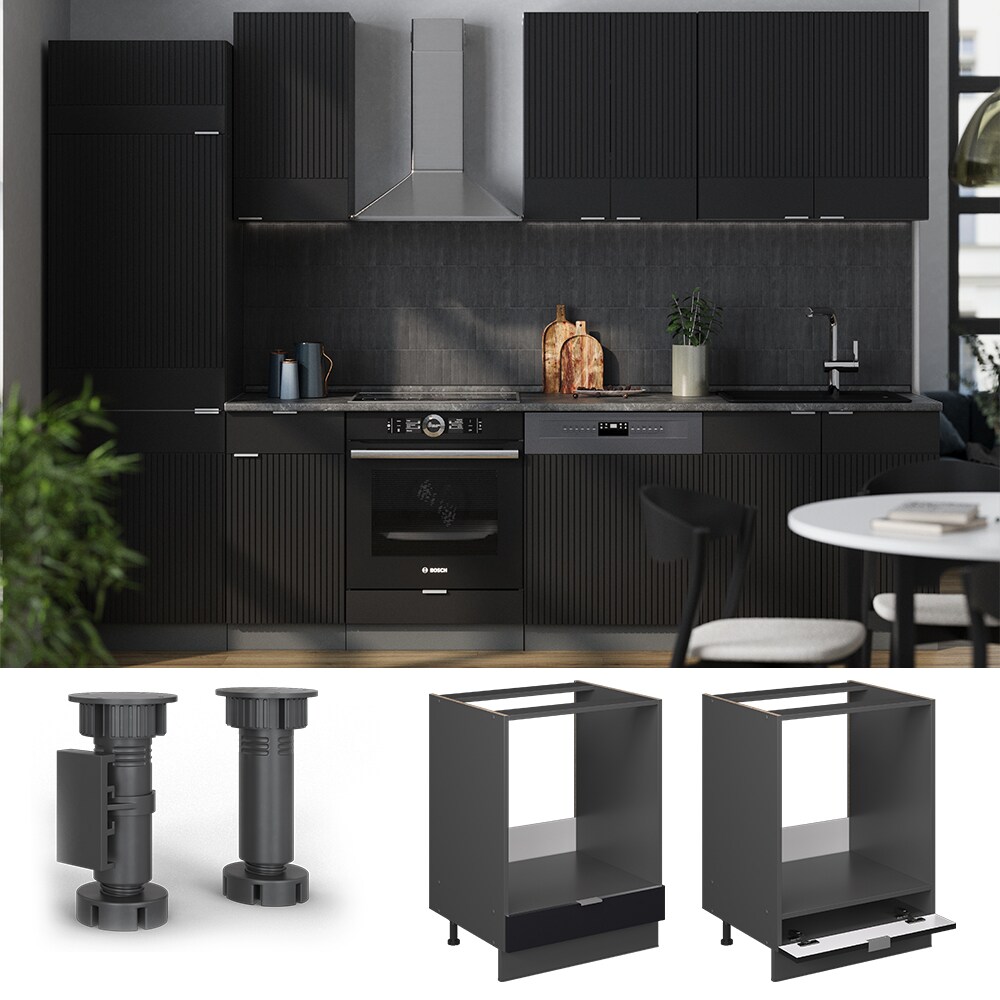 Vicco Herdumbauschrank Fame-Line Anthrazit Schwarz gestreift 60 cm mit Arbeitsplatte Anthrazit