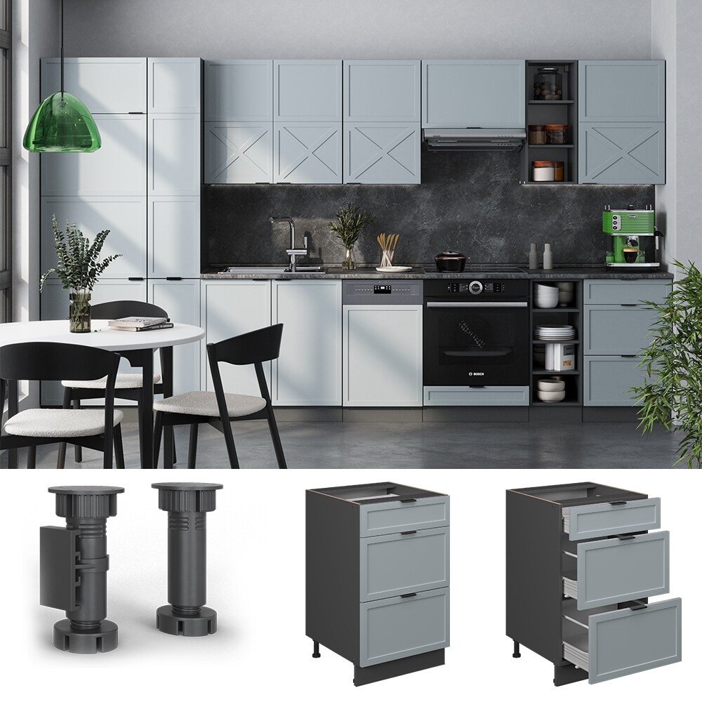 Vicco Schubladenunterschrank Fame-Line Anthrazit Hellblau-Grau gerahmt 50 cm mit Arbeitsplatte Eiche