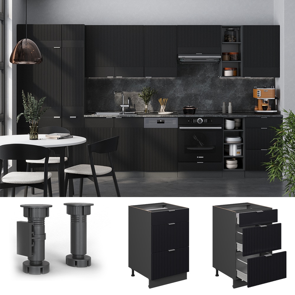 Vicco Schubladenunterschrank Fame-Line Anthrazit Schwarz gestreift 50 cm mit Arbeitsplatte Marmor-Wei&szlig; - Bild 1