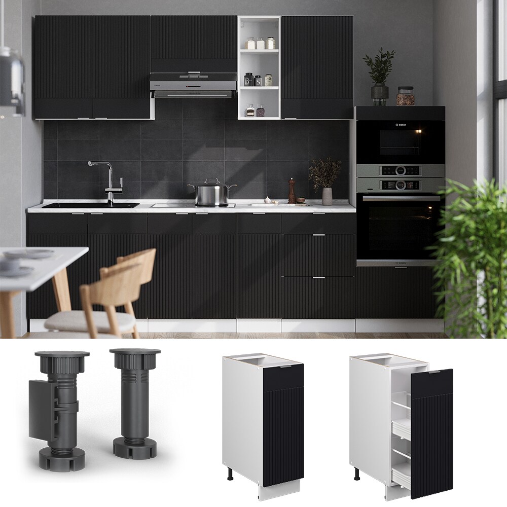 Vicco Apothekerunterschrank Fame-Line Weiß Schwarz gestreift 30 cm mit Arbeitsplatte Anthrazit