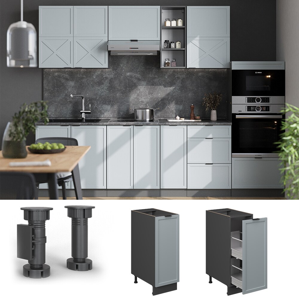 Vicco Apothekerunterschrank Fame-Line Anthrazit Hellblau-Grau gerahmt 30 cm mit Arbeitsplatte Anthrazit
