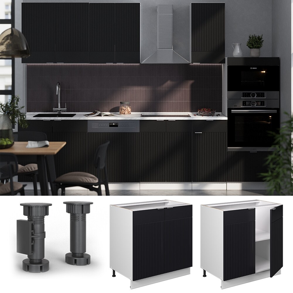 Vicco Unterschrank Fame-Line Wei&szlig; Schwarz gestreift 80 cm mit Arbeitsplatte Marmor-Wei&szlig; - Bild 1