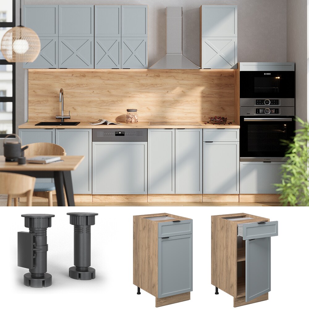 Vicco Schubunterschrank Fame-Line Eiche Hellblau-Grau gerahmt 40 cm mit Arbeitsplatte Eiche