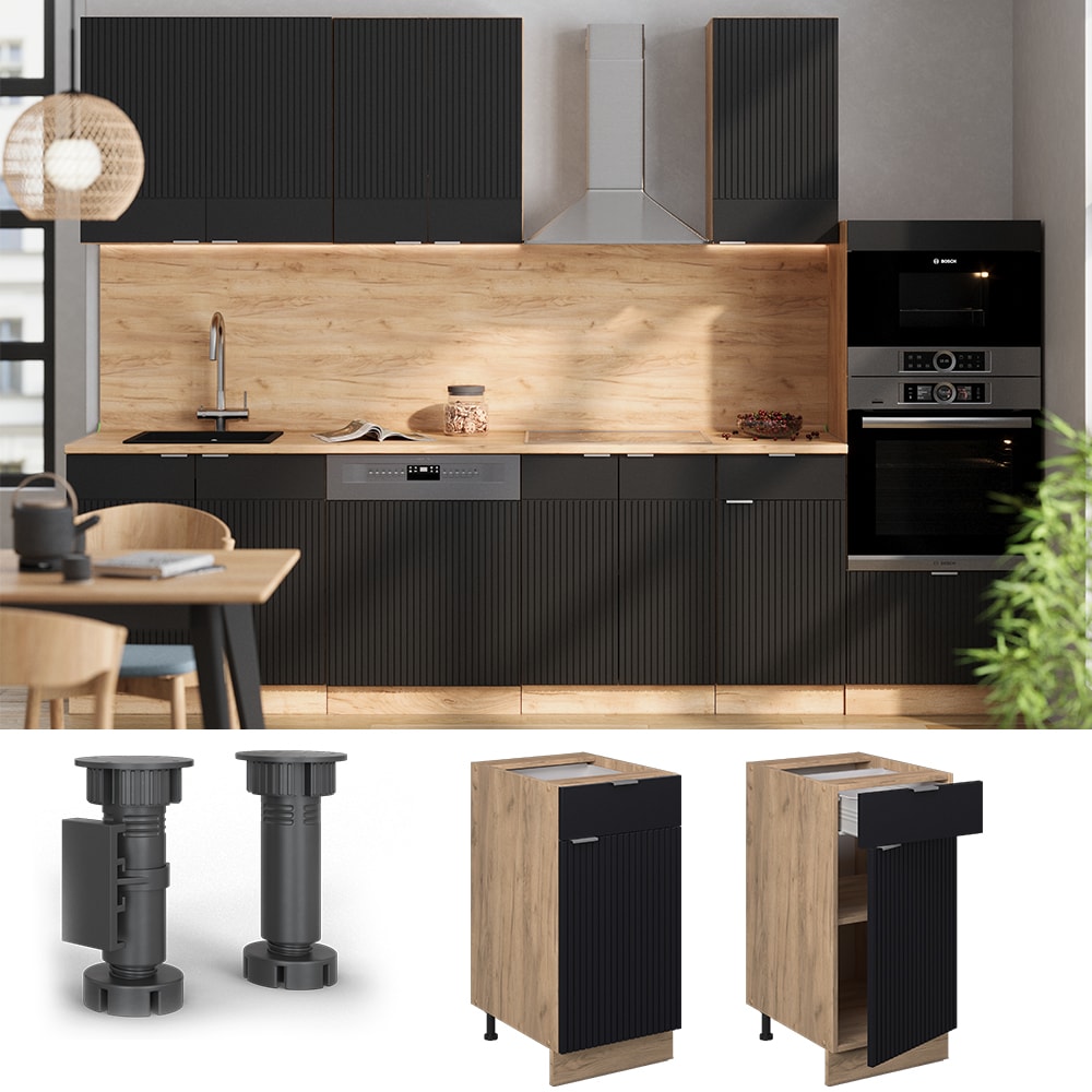 Vicco Schubunterschrank Fame-Line Eiche Schwarz gestreift 40 cm mit Arbeitsplatte Eiche - Bild 1