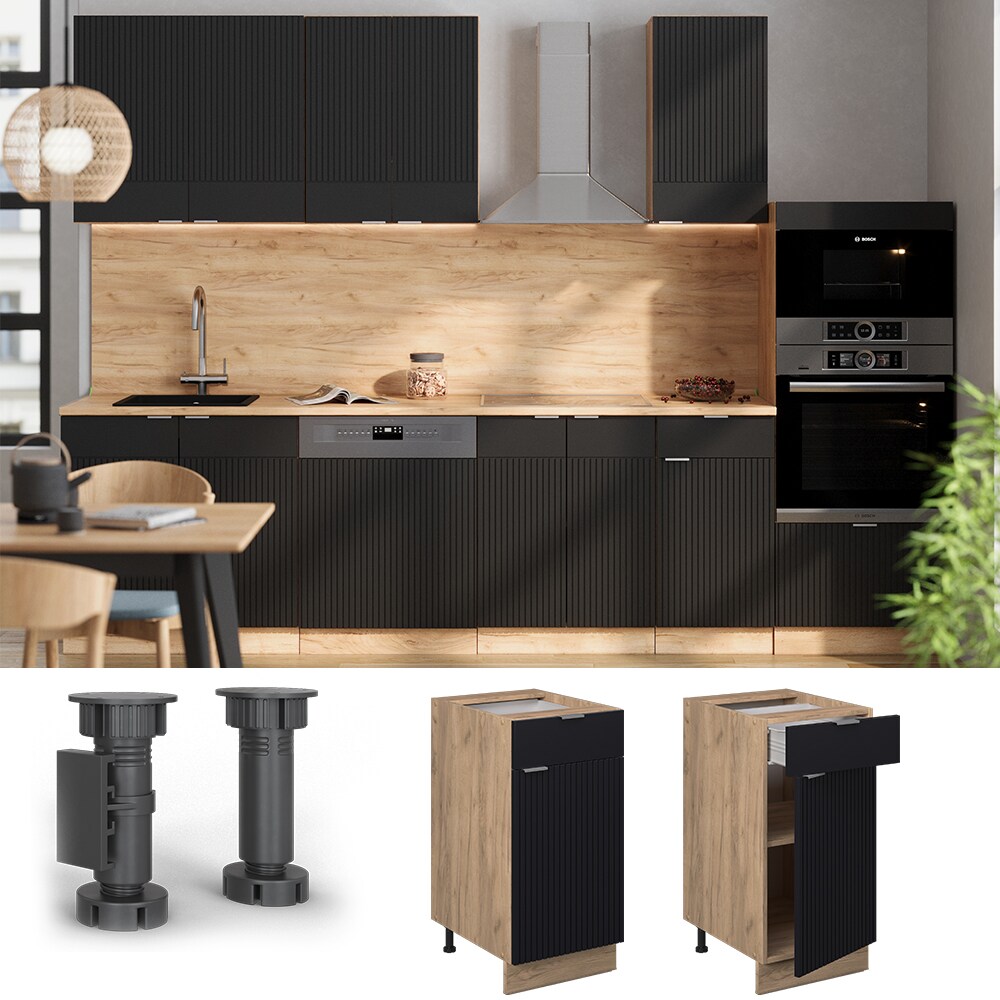 Vicco Schubunterschrank Fame-Line Eiche Schwarz gestreift 40 cm mit Arbeitsplatte Eiche
