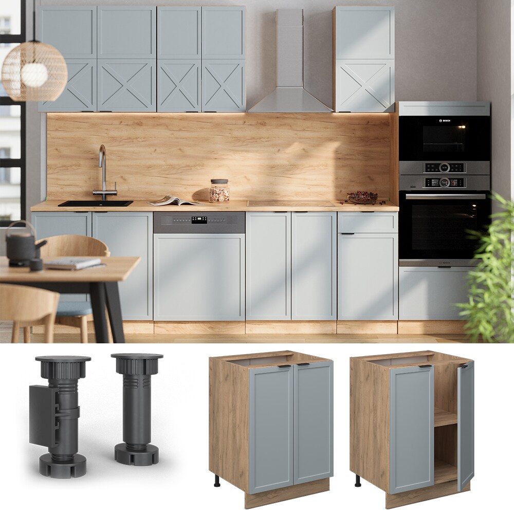 Vicco Unterschrank Fame-Line Eiche Hellblau-Grau gerahmt 60 cm mit Arbeitsplatte Anthrazit