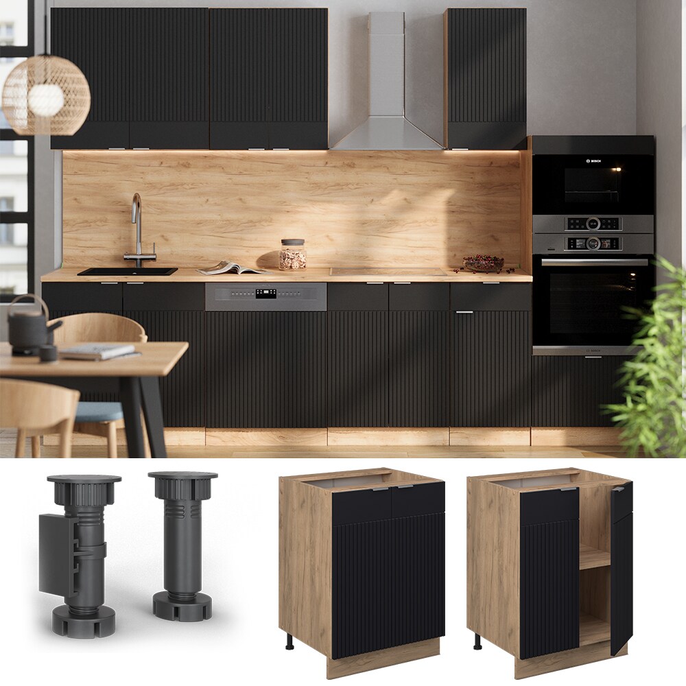 Vicco Unterschrank Fame-Line Eiche Schwarz gestreift 60 cm mit Arbeitsplatte Anthrazit