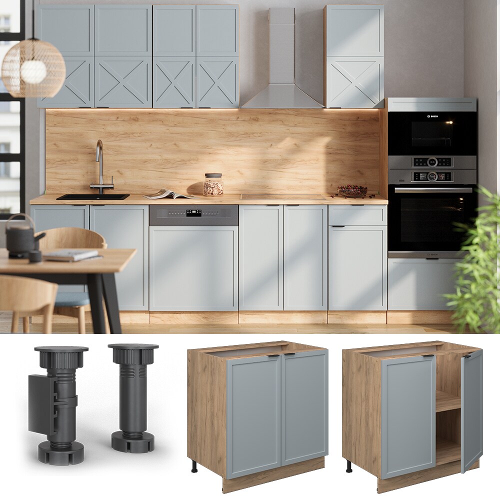 Vicco Unterschrank Fame-Line Eiche Hellblau-Grau gerahmt 80 cm mit Arbeitsplatte Eiche