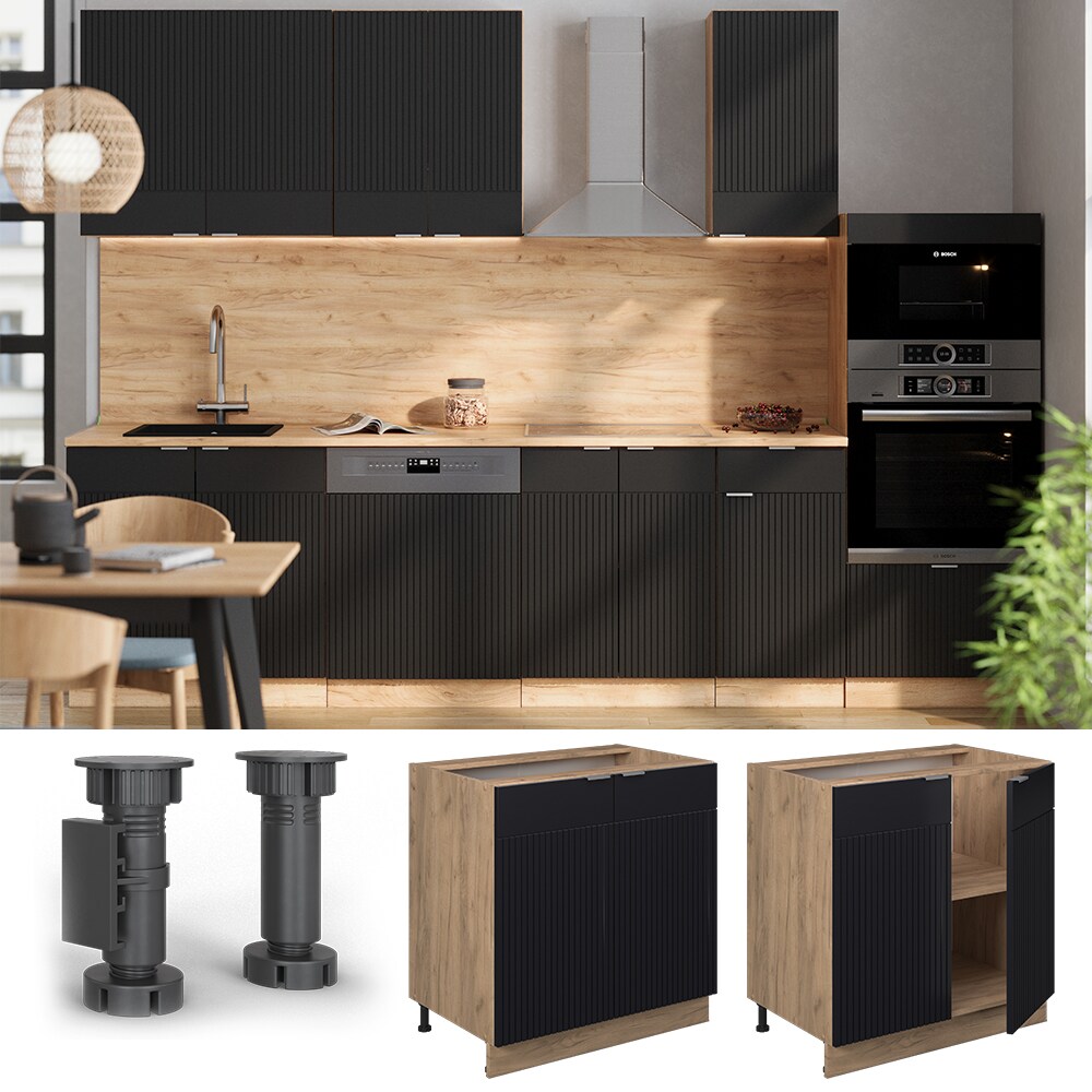Vicco Unterschrank Fame-Line Eiche Schwarz gestreift 80 cm mit Arbeitsplatte Eiche