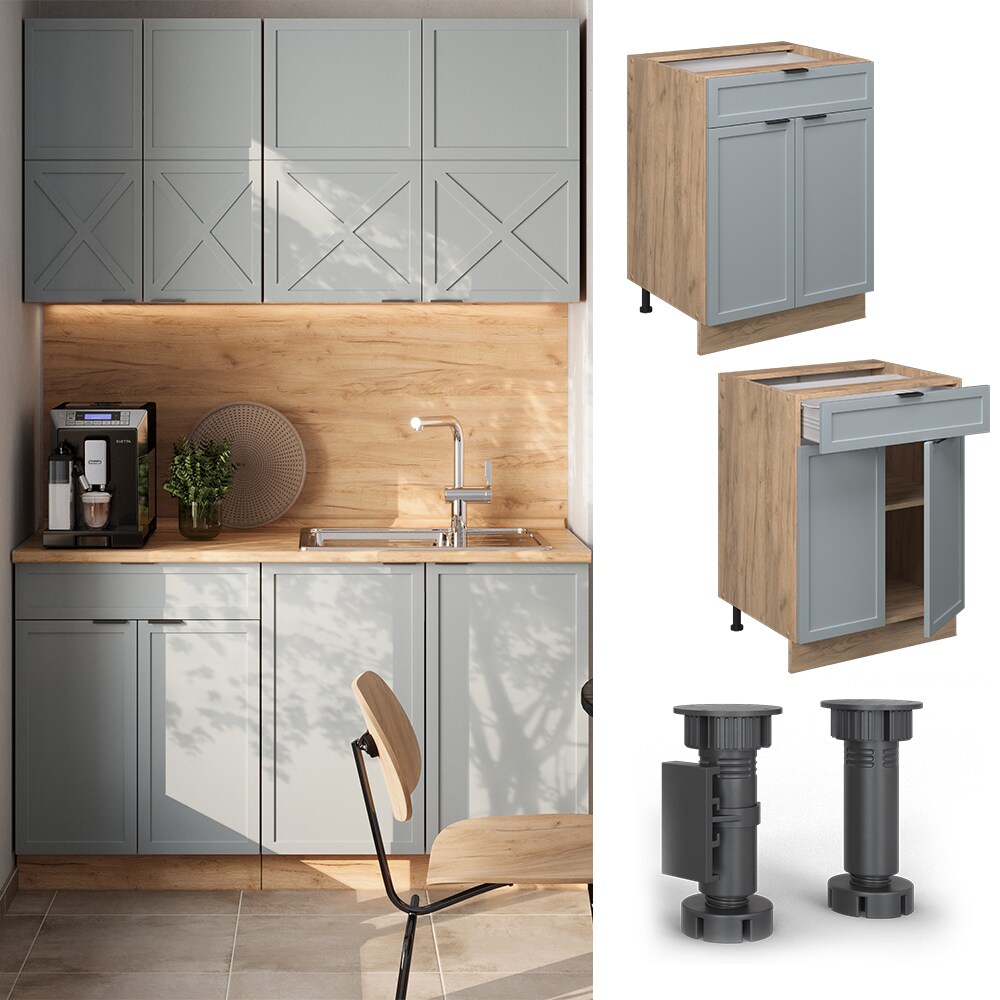 Vicco Schubunterschrank Fame-Line Eiche Hellblau-Grau gerahmt 60 cm mit Arbeitsplatte Marmor-Wei&szlig; - Bild 1