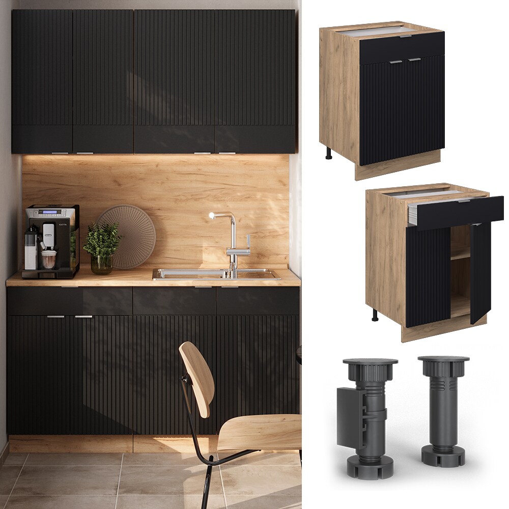 Vicco Schubunterschrank Fame-Line Eiche Schwarz gestreift 60 cm mit Arbeitsplatte Eiche