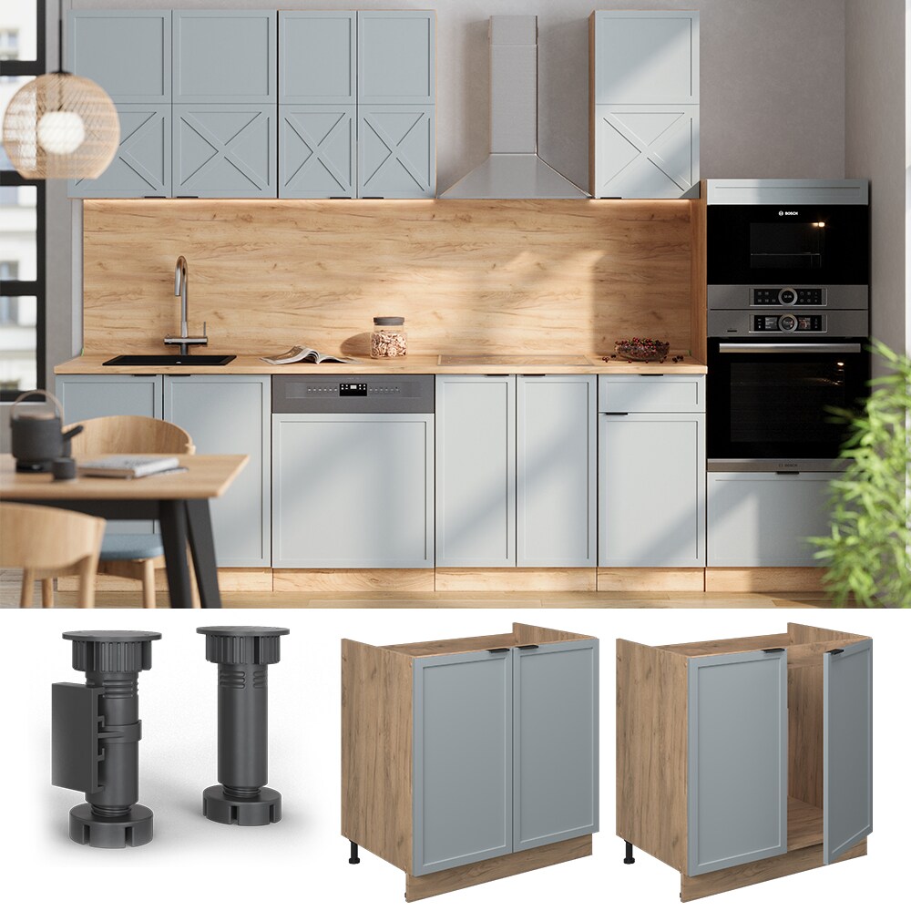 Vicco Spülenunterschrank Fame-Line Eiche Hellblau-Grau gerahmt 80 cm mit Arbeitsplatte Eiche