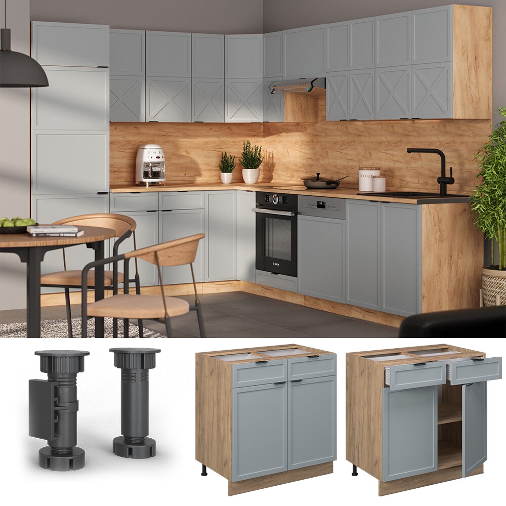 Vicco Schubunterschrank Fame-Line Eiche Hellblau-Grau gerahmt 80 cm mit Arbeitsplatte Eiche