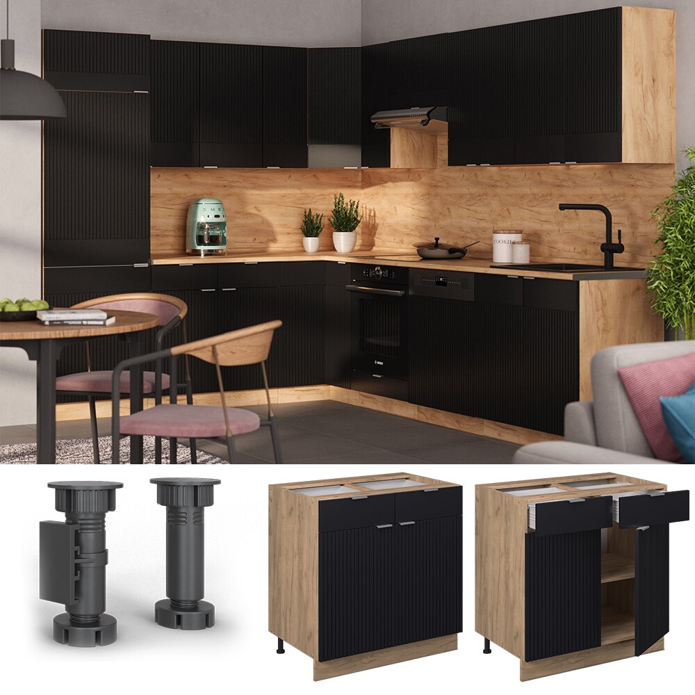 Vicco Schubunterschrank Fame-Line Eiche Schwarz gestreift 80 cm mit Arbeitsplatte Eiche
