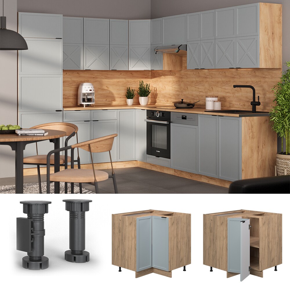 Vicco Eckunterschrank Fame-Line Eiche Hellblau-Grau gerahmt 87 cm mit Arbeitsplatte Marmor-Wei&szlig; - Bild 1