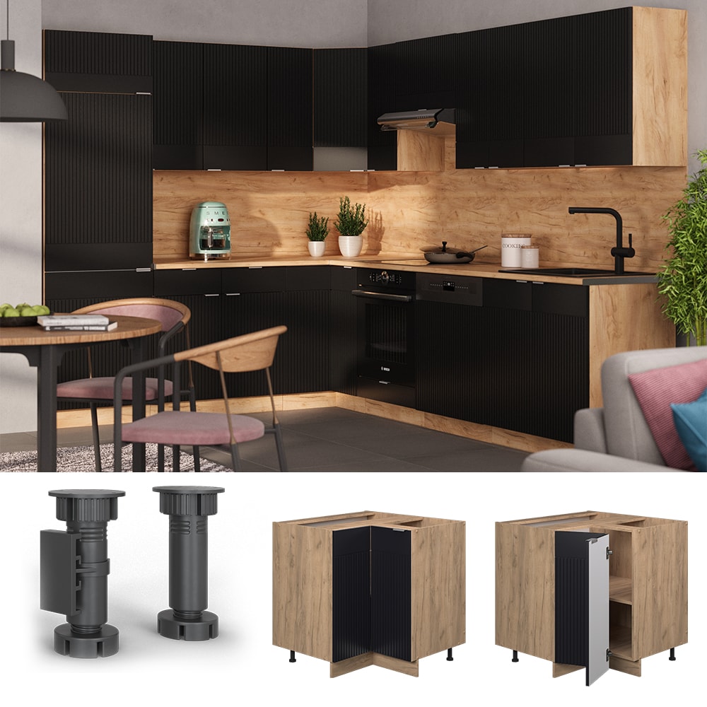 Vicco Eckunterschrank Fame-Line Eiche Schwarz gestreift 87 cm mit Arbeitsplatte Marmor-Wei&szlig; - Bild 1