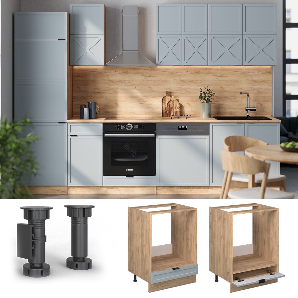 Vicco Herdumbauschrank Fame-Line Eiche Hellblau-Grau gerahmt 60 cm mit Arbeitsplatte Eiche