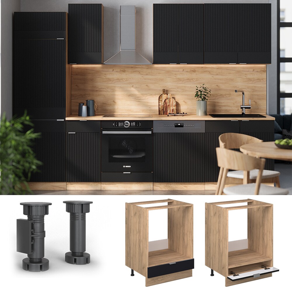 Vicco Herdumbauschrank Fame-Line Eiche Schwarz gestreift 60 cm mit Arbeitsplatte Eiche - Bild 1