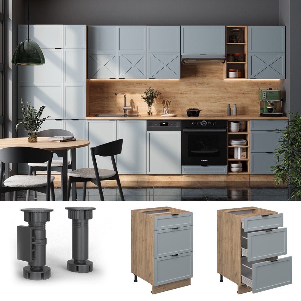 Vicco Schubladenunterschrank Fame-Line Eiche Hellblau-Grau gerahmt 50 cm mit Arbeitsplatte Anthrazit