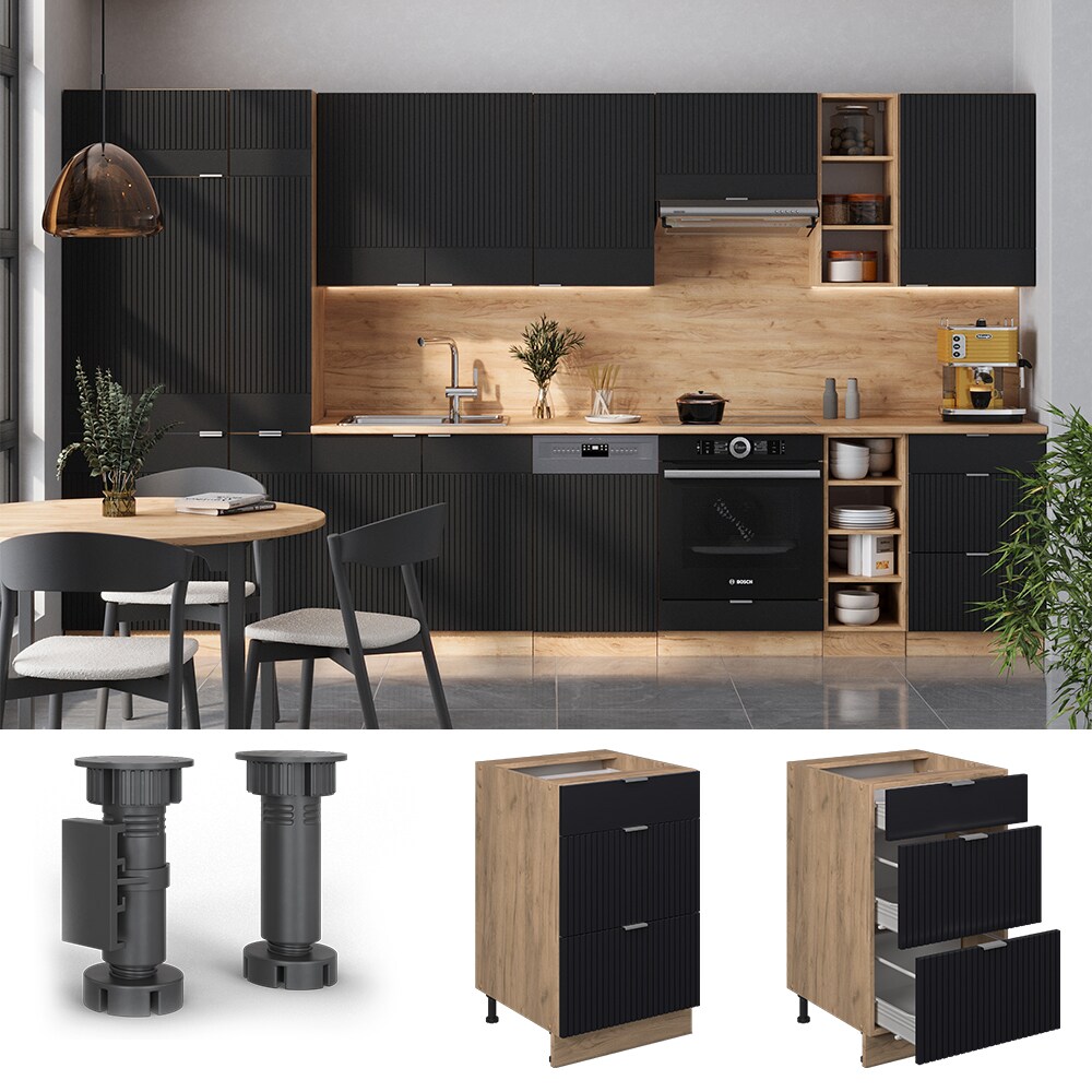 Vicco Schubladenunterschrank Fame-Line Eiche Schwarz gestreift 50 cm mit Arbeitsplatte Anthrazit