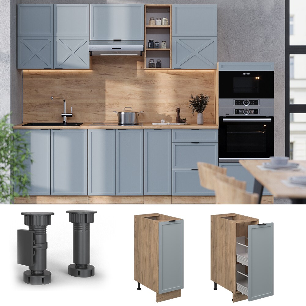 Vicco Apothekerunterschrank Fame-Line Eiche Hellblau-Grau gerahmt 30 cm mit Arbeitsplatte Marmor-Wei&szlig; - Bild 1