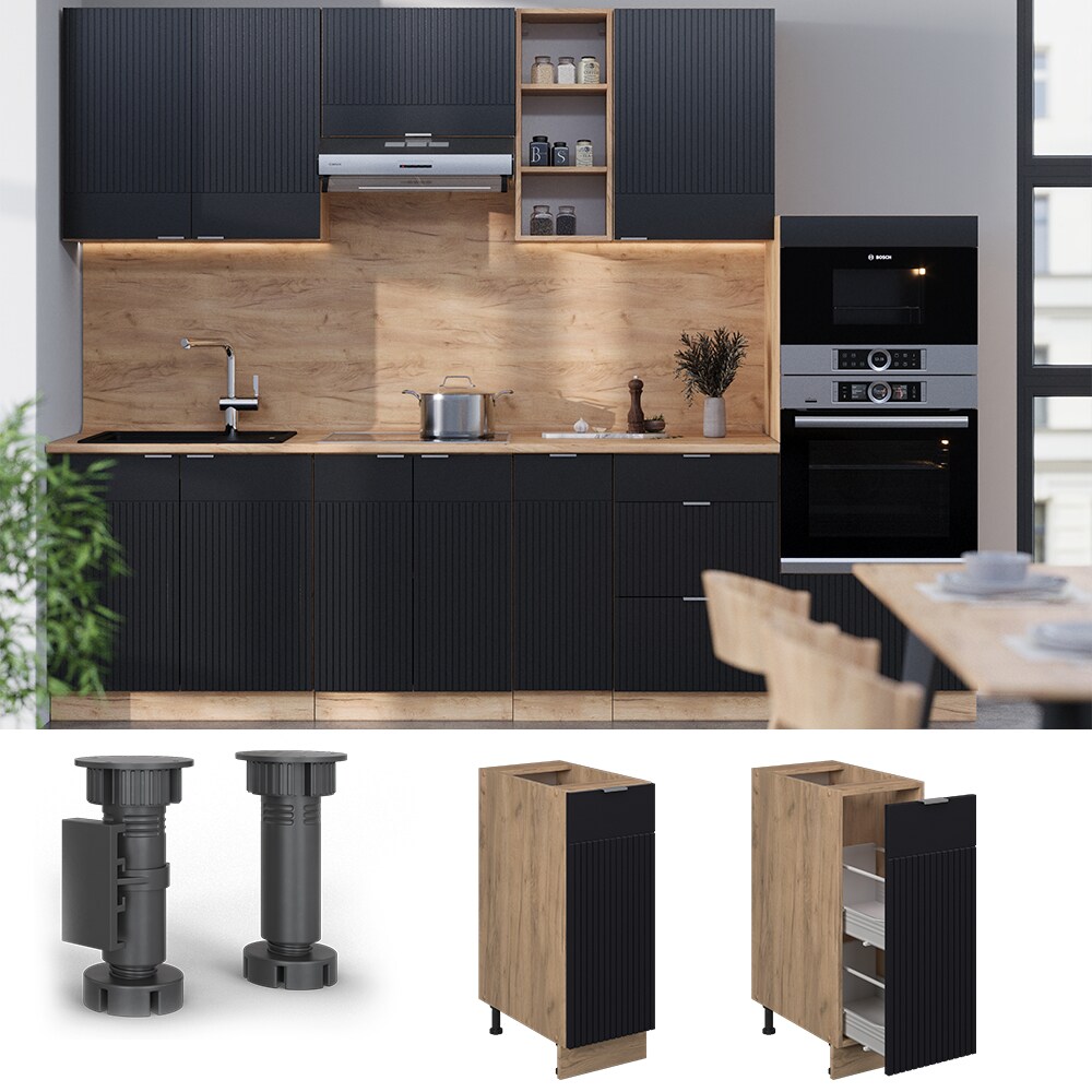 Vicco Apothekerunterschrank Fame-Line Eiche Schwarz gestreift 30 cm mit Arbeitsplatte Anthrazit