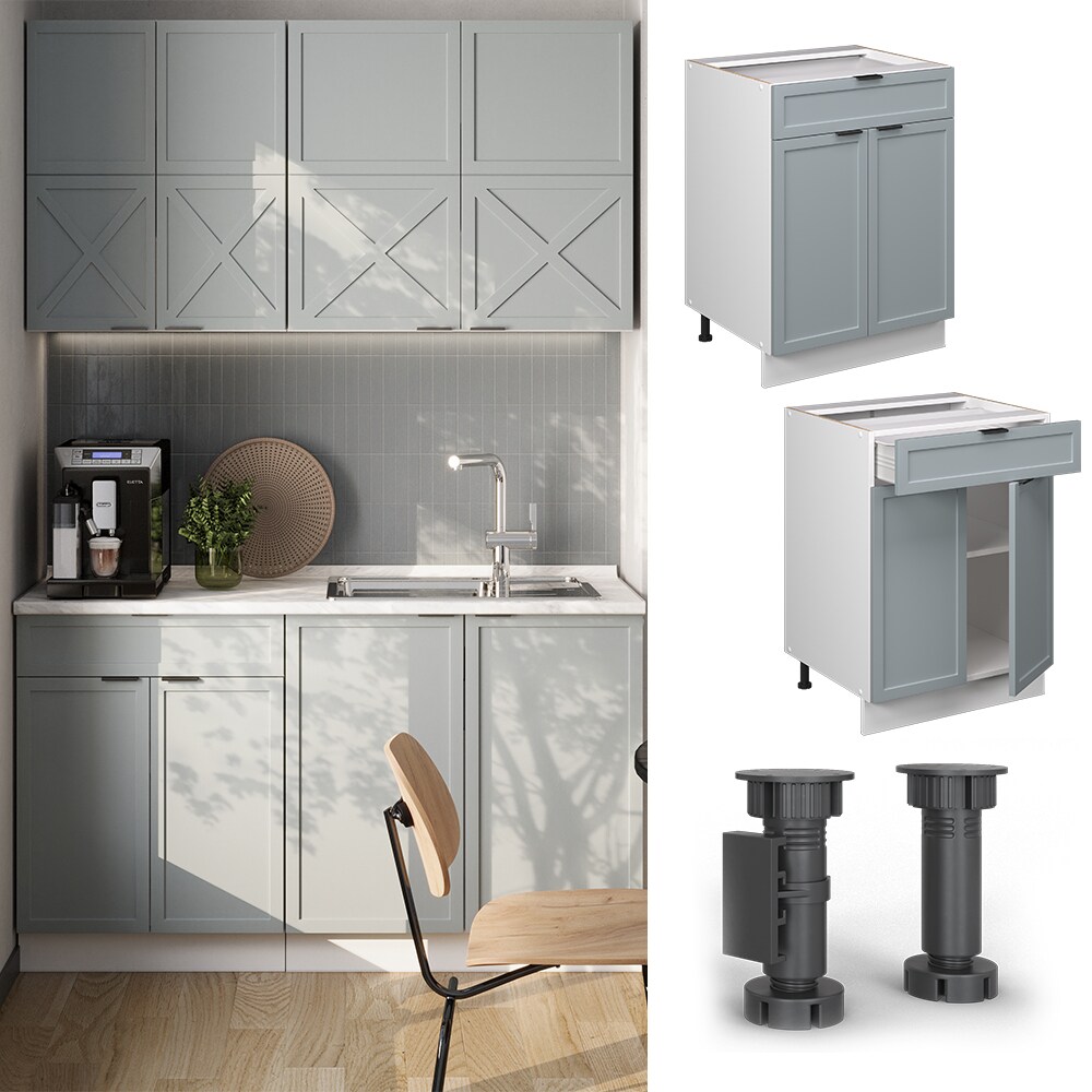 Vicco Schubunterschrank Fame-Line Weiß Hellblau-Grau gerahmt 60 cm mit Arbeitsplatte Eiche
