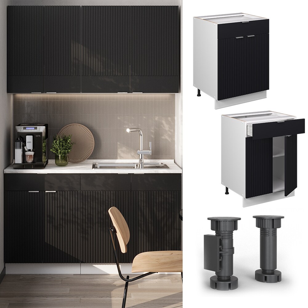 Vicco Schubunterschrank Fame-Line Weiß Schwarz gestreift 60 cm mit Arbeitsplatte Anthrazit