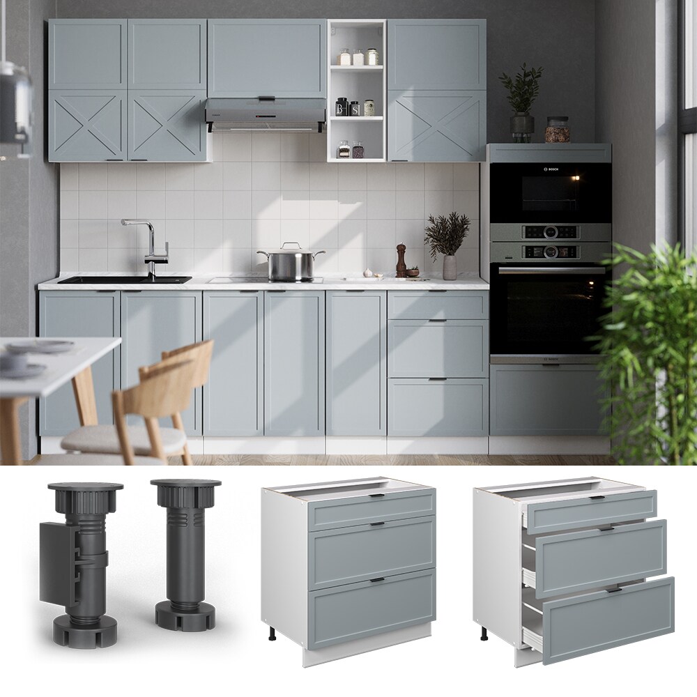 Vicco Schubladenunterschrank Fame-Line Weiß Hellblau-Grau gerahmt 80 cm mit Arbeitsplatte Eiche
