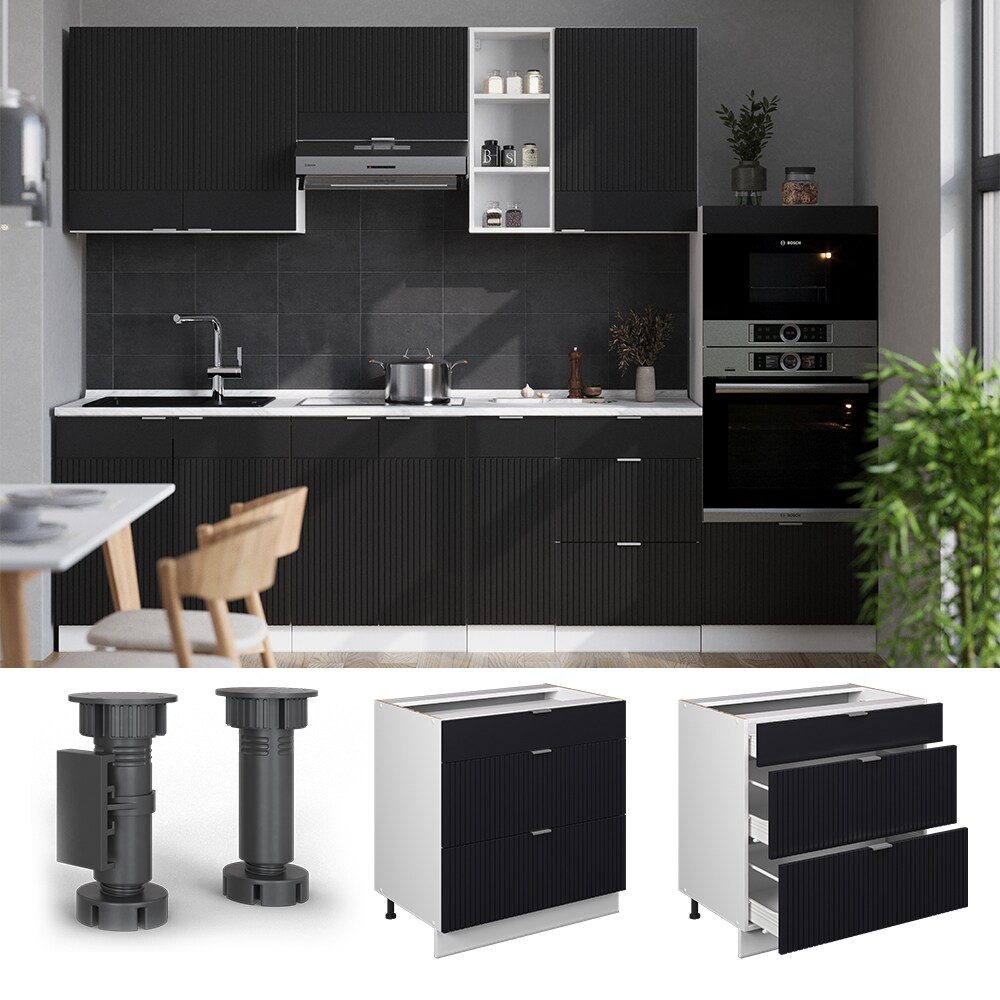 Vicco Schubladenunterschrank Fame-Line Weiß Schwarz gestreift 80 cm mit Arbeitsplatte Anthrazit