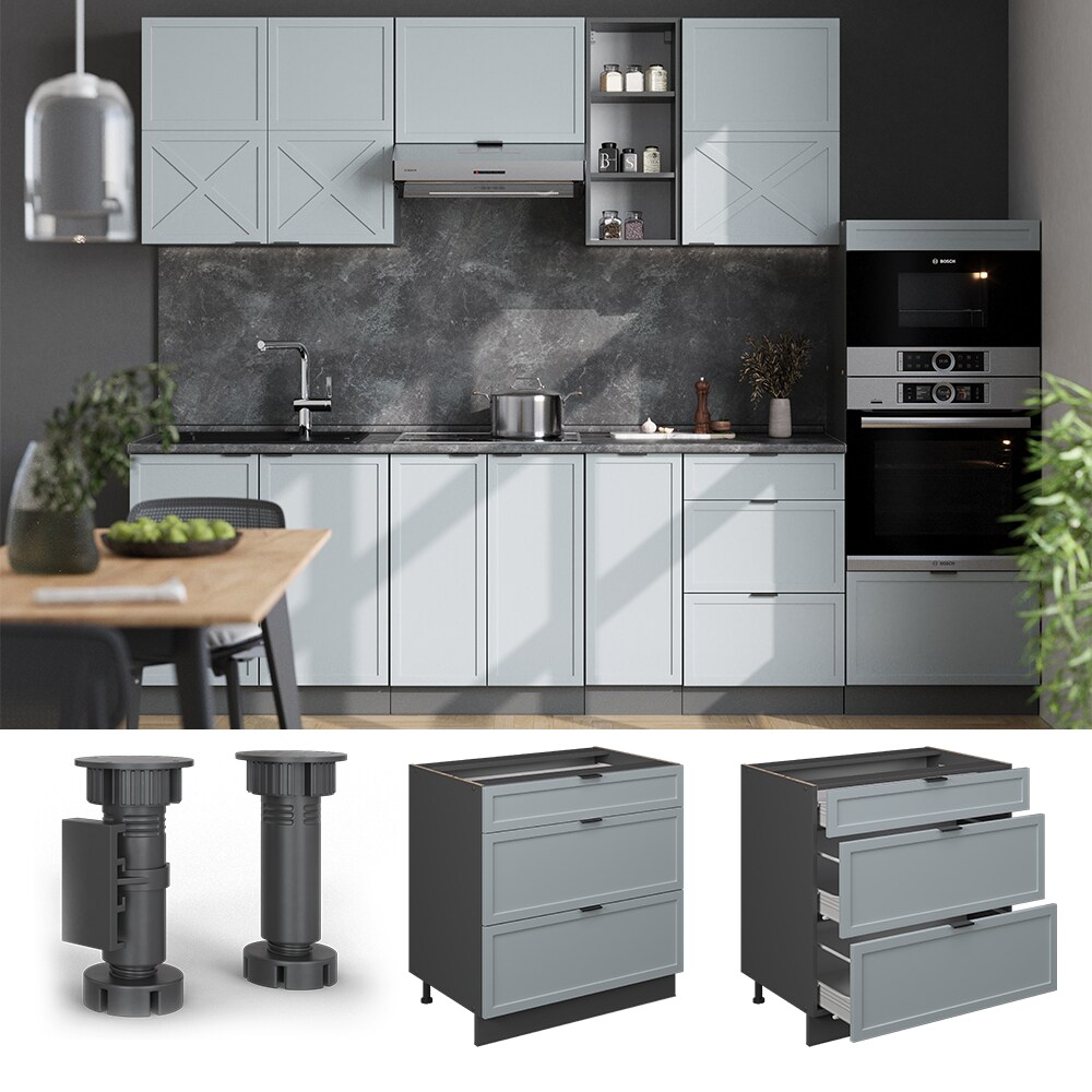 Vicco Schubladenunterschrank Fame-Line Anthrazit Hellblau-Grau gerahmt 80 cm mit Arbeitsplatte Anthrazit