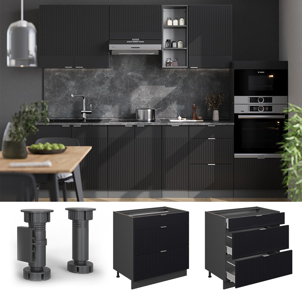 Vicco Schubladenunterschrank Fame-Line Anthrazit Schwarz gestreift 80 cm mit Arbeitsplatte Eiche