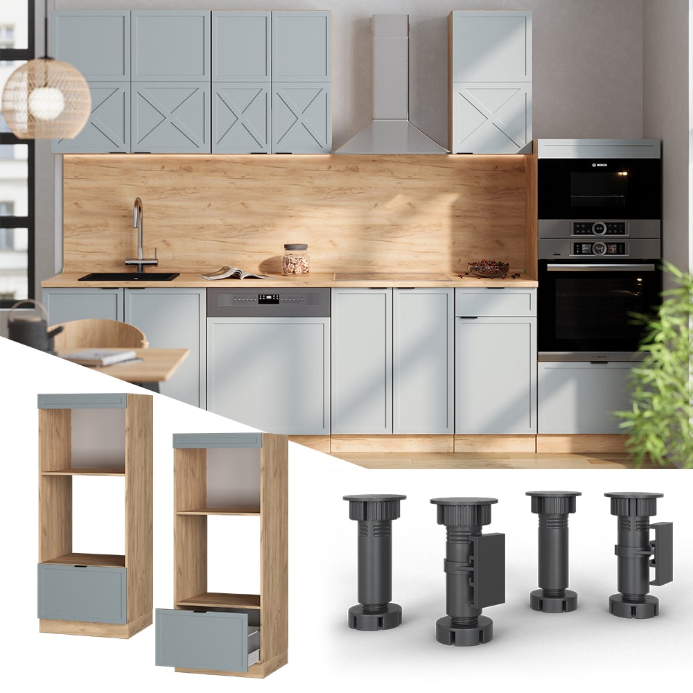 Vicco Mikrowellenschrank Fame-Line Eiche Hellblau-Grau gerahmt 60 cm mit Schublade - Bild 1