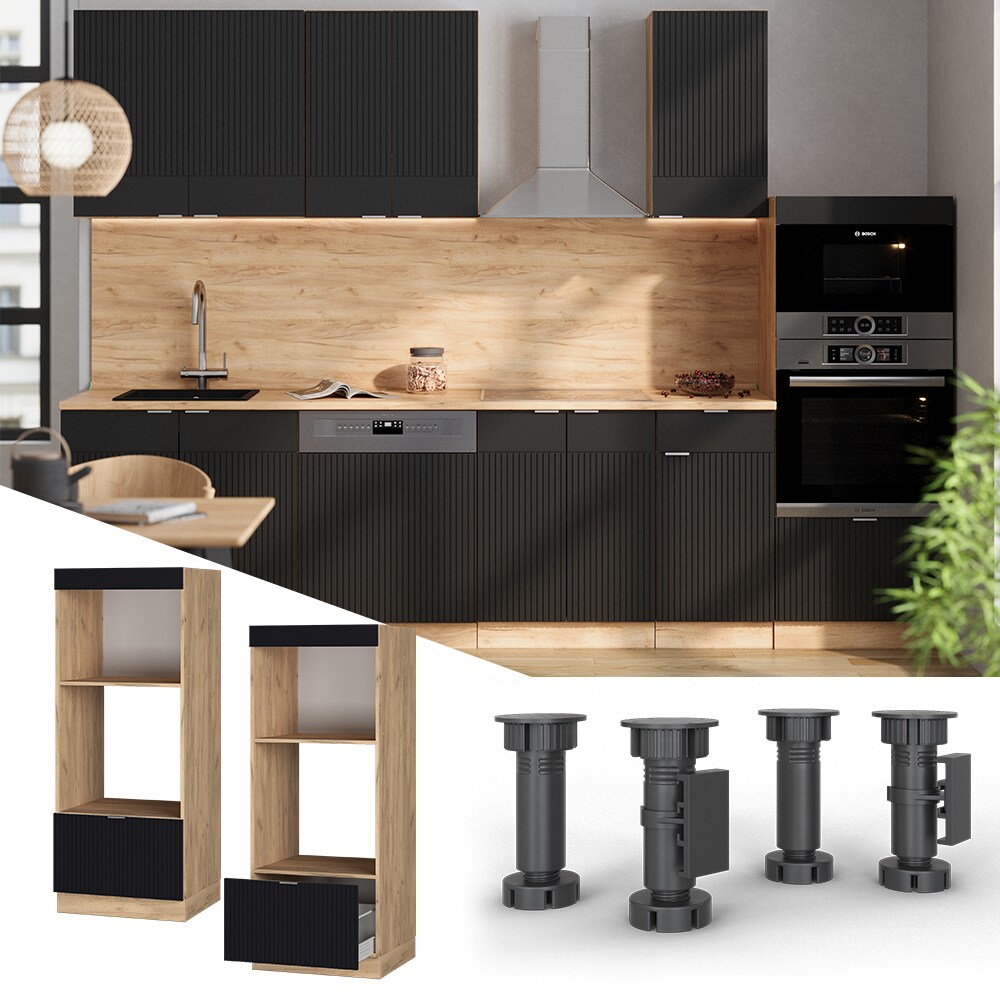 Vicco Mikrowellenschrank Fame-Line Eiche Schwarz gestreift 60 cm mit Schublade