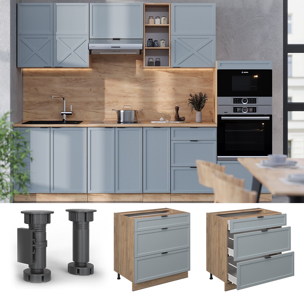 Vicco Schubladenunterschrank Fame-Line Eiche Hellblau-Grau gerahmt 80 cm mit Arbeitsplatte Eiche