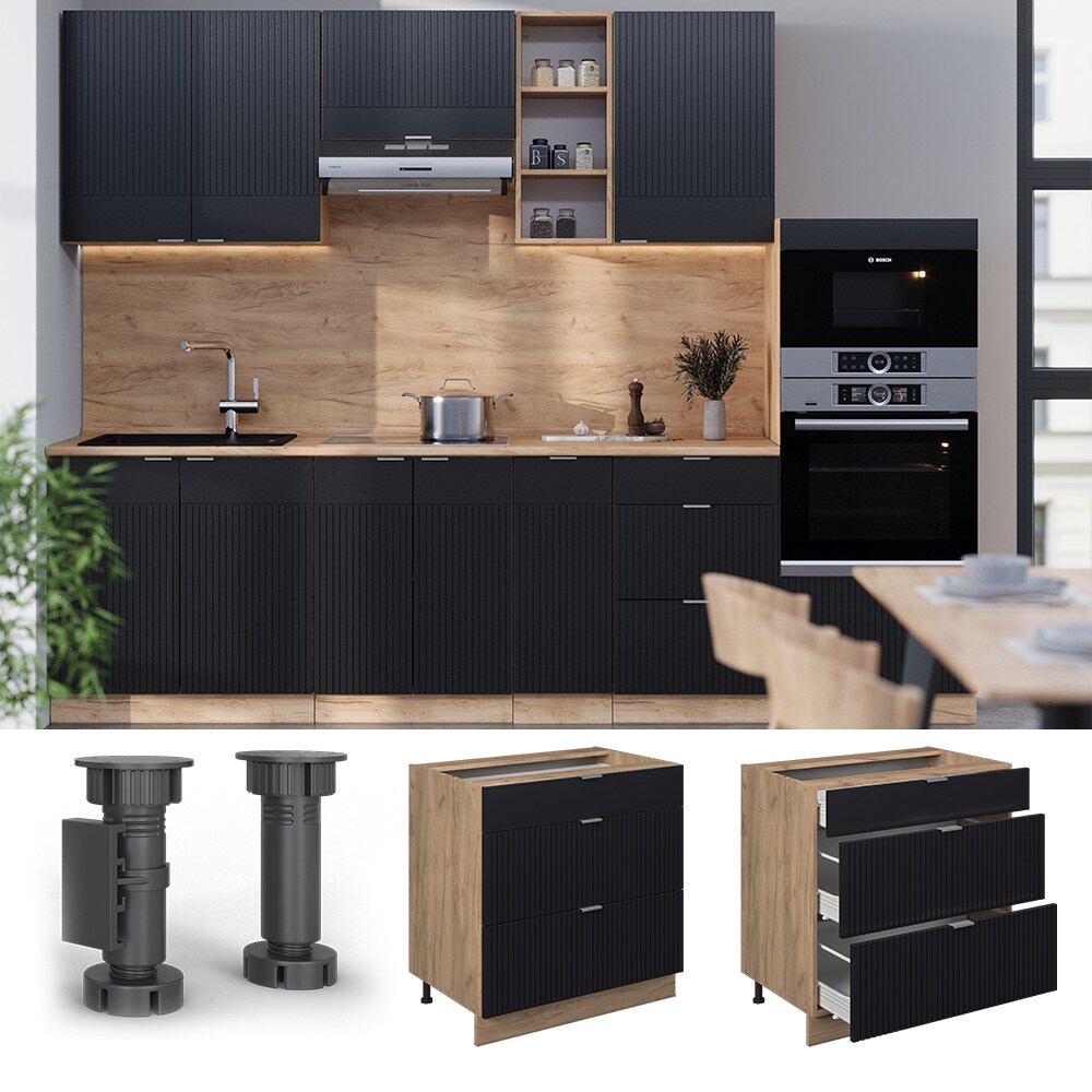 Vicco Schubladenunterschrank Fame-Line Eiche Schwarz gestreift 80 cm mit Arbeitsplatte Eiche