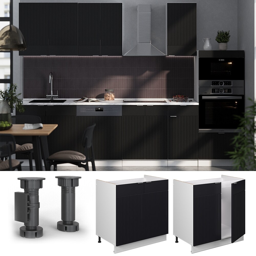 Vicco Spülenunterschrank Fame-Line Weiß Schwarz gestreift 80 cm mit Arbeitsplatte Eiche