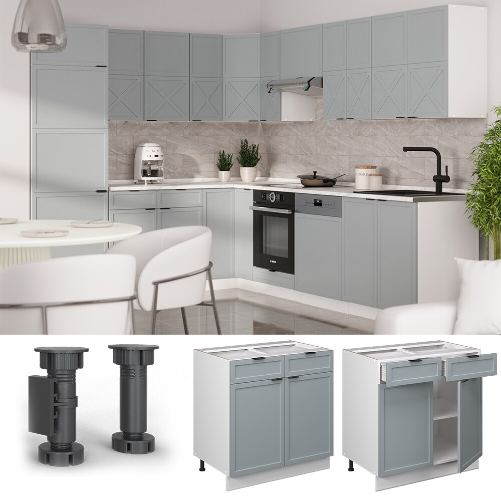 Vicco Schubunterschrank Fame-Line Weiß Hellblau-Grau gerahmt 80 cm mit Arbeitsplatte Anthrazit