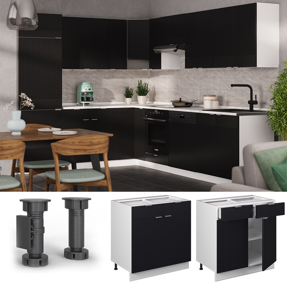 Vicco Schubunterschrank Fame-Line Weiß Schwarz gestreift 80 cm mit Arbeitsplatte Eiche
