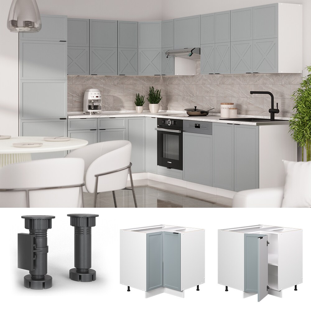 Vicco Eckunterschrank Fame-Line Weiß Hellblau-Grau gerahmt 87 cm mit Arbeitsplatte Eiche