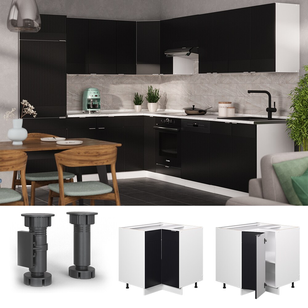 Vicco Eckunterschrank Fame-Line Wei&szlig; Schwarz gestreift 87 cm mit Arbeitsplatte Marmor-Wei&szlig; - Bild 1