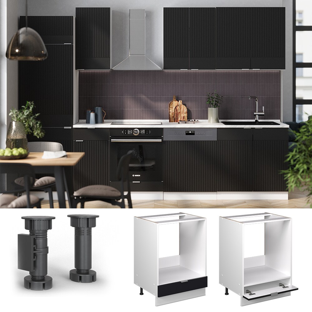 Vicco Herdumbauschrank Fame-Line Weiß Schwarz gestreift 60 cm mit Arbeitsplatte Eiche