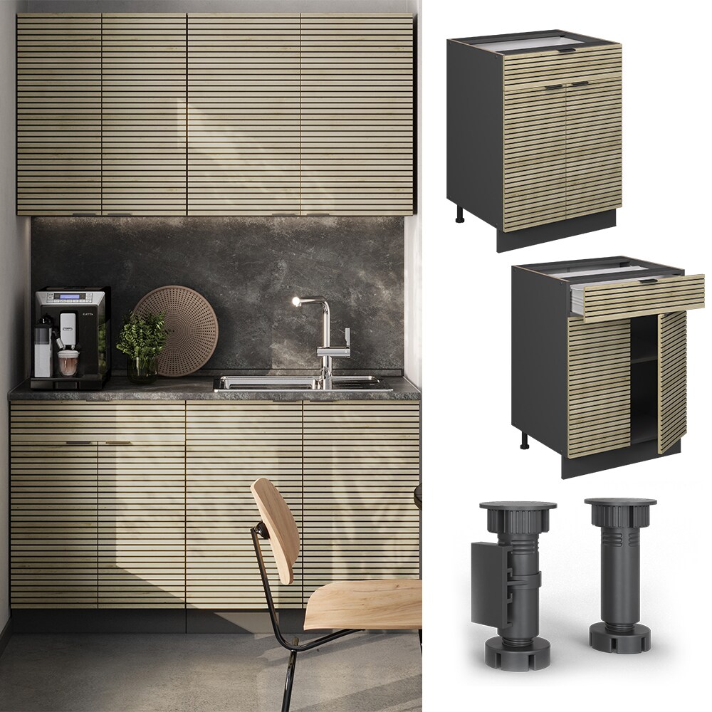 Vicco Schubunterschrank Fame-Line Anthrazit Eiche gefräst 60 cm mit Arbeitsplatte Eiche