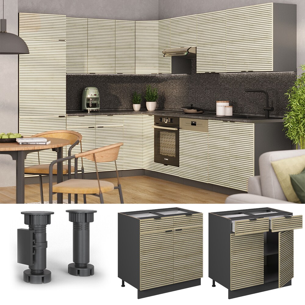 Vicco Schubunterschrank Fame-Line Anthrazit Eiche gefräst 80 cm mit Arbeitsplatte Eiche