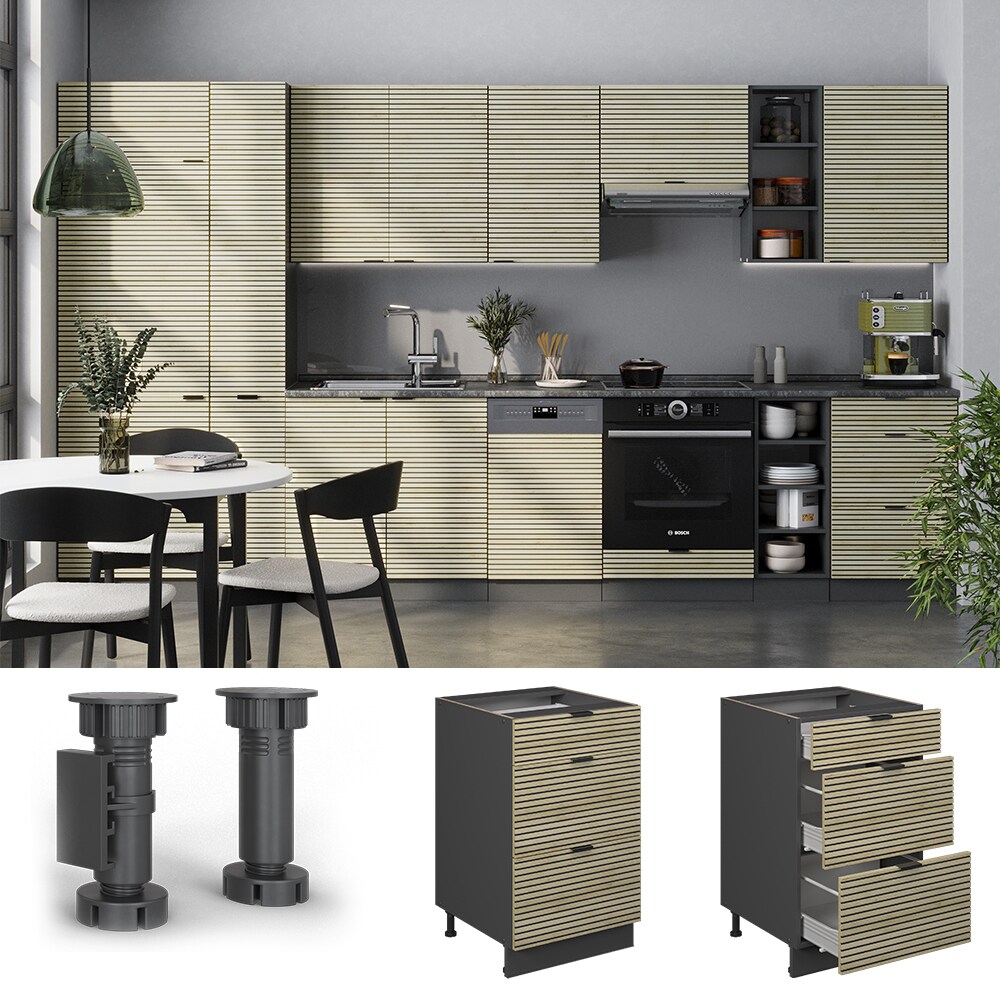 Vicco Schubladenunterschrank Fame-Line Anthrazit Eiche gefräst 50 cm mit Arbeitsplatte Eiche