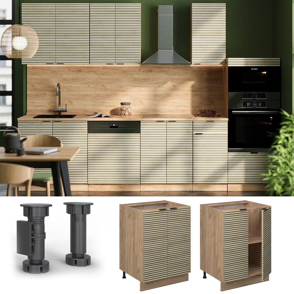 Vicco Unterschrank Fame-Line Eiche gefräst 60 cm mit Arbeitsplatte Eiche