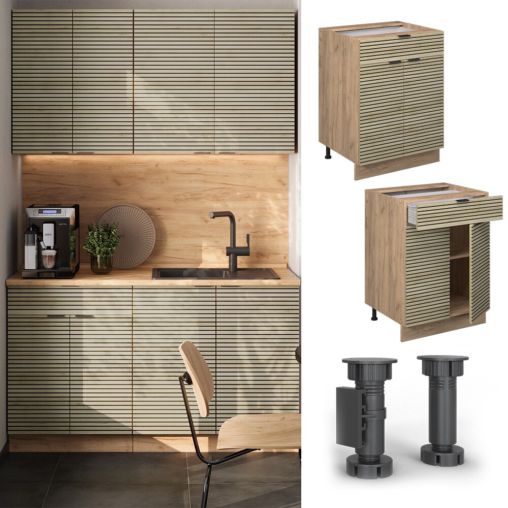 Vicco Schubunterschrank Fame-Line Eiche gefräst 60 cm mit Arbeitsplatte Eiche