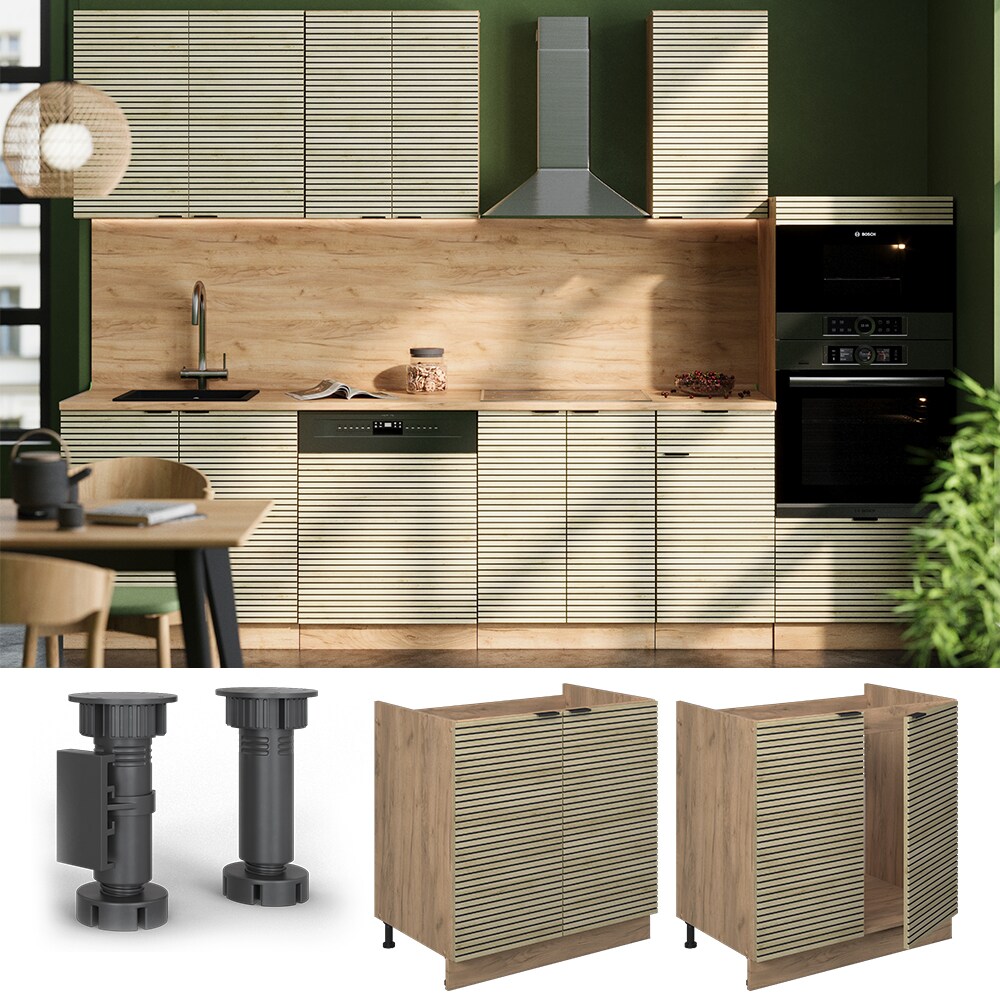 Vicco Spülenunterschrank Fame-Line Eiche gefräst 80 cm mit Arbeitsplatte Eiche